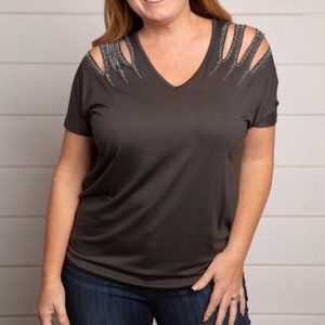 New Vocal Laser Cut Stone Shoulder Top M-L
